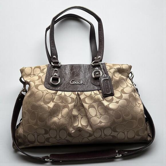 COACH F15510 Ashley Signature Sateen Carryall Khaki Gold Mahogany Leather Silver - Picture 2 of 16